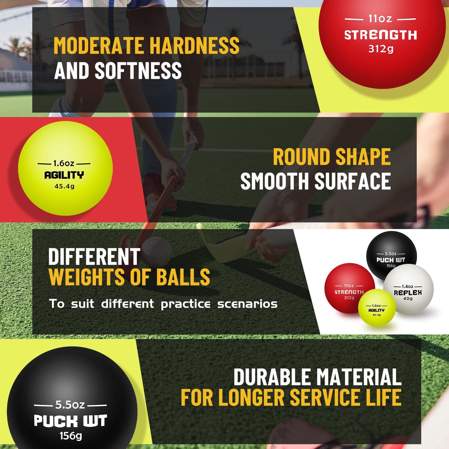 4 Pcs Stickhandling Balls Training Aid 4 Weights Stick Handling Trainer Balls Field Hockey Training Equipment for Indoor Outdoor Practice, Enhance Skills, Speed, Reaction Times