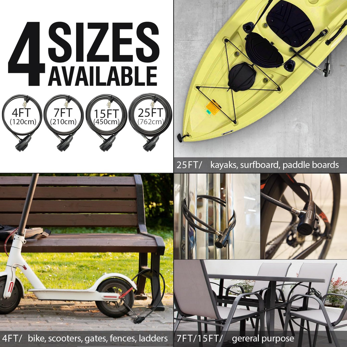 MARQUE Bike Lock with Key – 4FT 3/8” Straight Cable Locks with Keys, Anti-Theft Security Cable for Bicycles, Scooters, Kayaks, Paddle Boards, Gates