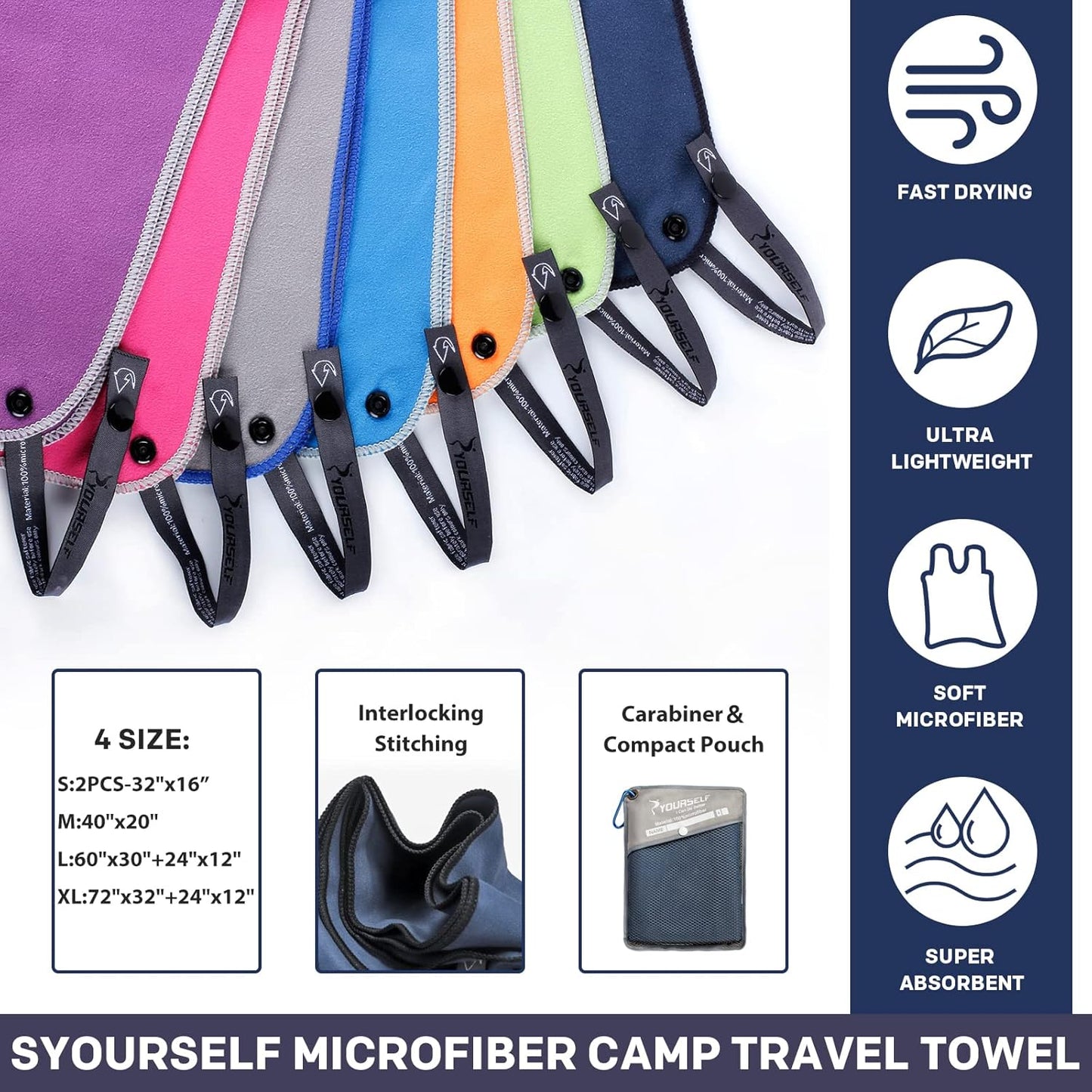 SYOURSELF Microfiber Camping Towel, Quick Dry Towel, Soft Absorbent Compact Travel Gym Workout Sweat Towel for Beach Yoga Swim Travel Camping Hiking Backpack Essentials (M:40"x20")