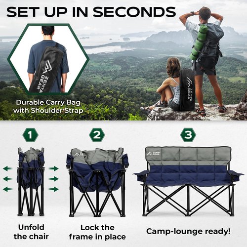ZENTA GEAR Oversized Fully Padded Double Camping Chair, Portable Folding Loveseat w/Side & Back Pockets, Adjustable Armrests, Double-Sized Cup Holders for Outdoor, Indoor, Supports 530LBS (Dark Navy)