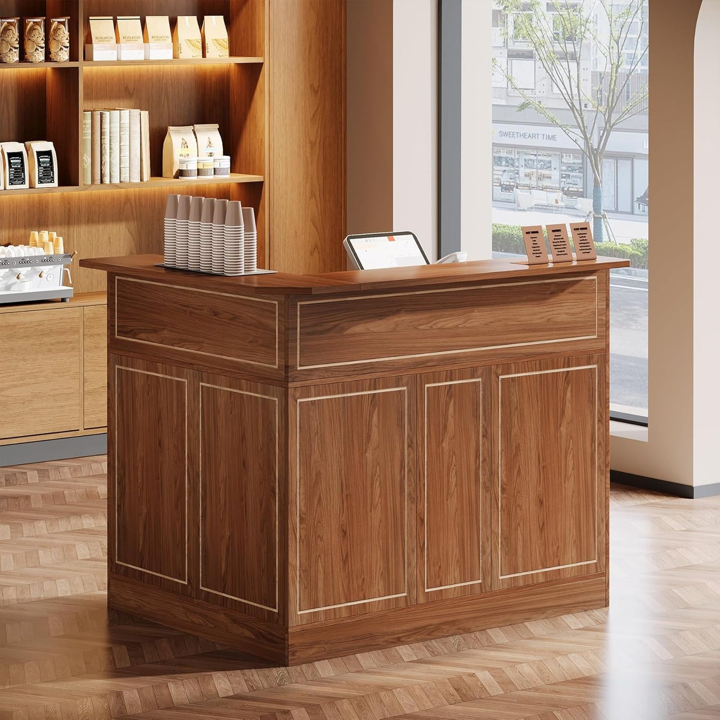 Tribesigns Reception Desk with Storage Shelves, L-Shaped Modern Front Desk, Reception Counter Table for Small Office, Salon, Checkout Office, Black