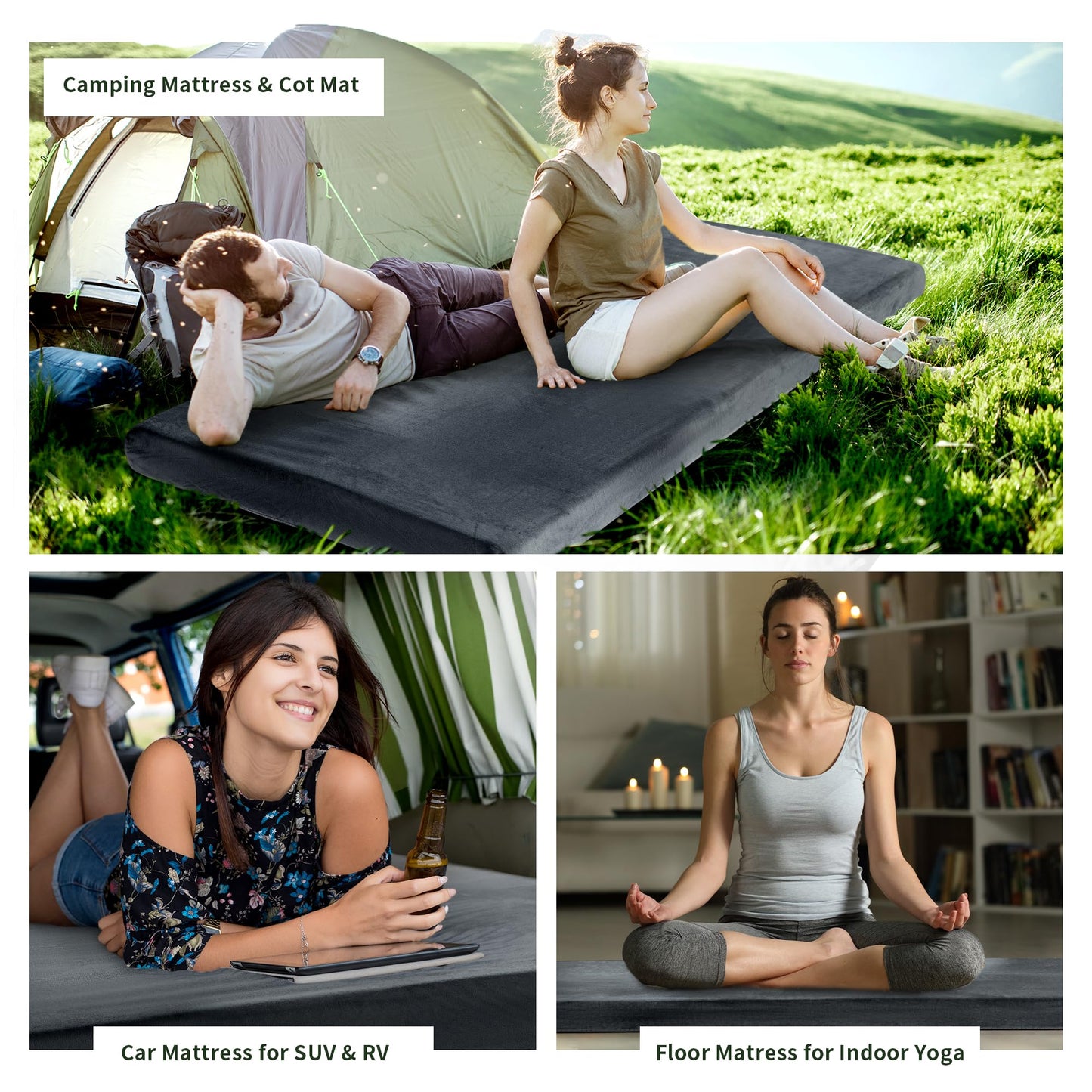 HOMBYS Memory Foam Camping Mattress for Outdoor Sleeping, 3" Thick Roll Up Porable Camping Mattress Pad Mat for Travel Truck Bed Tent (Grey, Single-75"x30"x3")