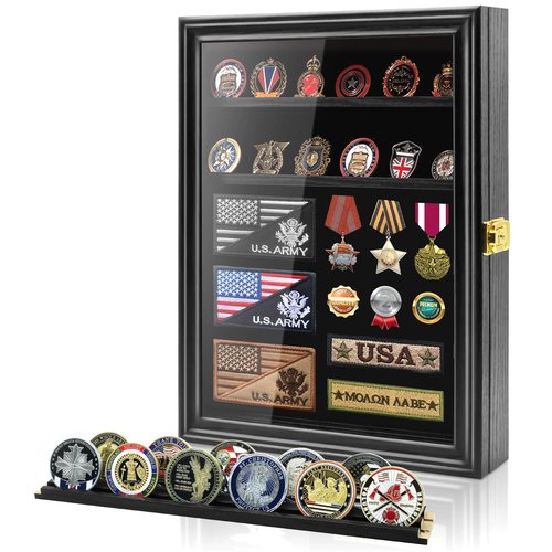 PiaoHao Medals Display Case Wall Frame for Collector, Military Challenge Coins Holder, Pins, Lockable Shadow Box with Removable Shelves, Black