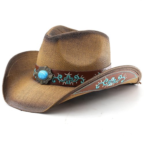 LIDHAY Men & Women's Woven Straw Cowboy Cowgirl Hat New Western Style Classic Cowboy Straw Hat Wide Brim Sun Hat R29 Brown