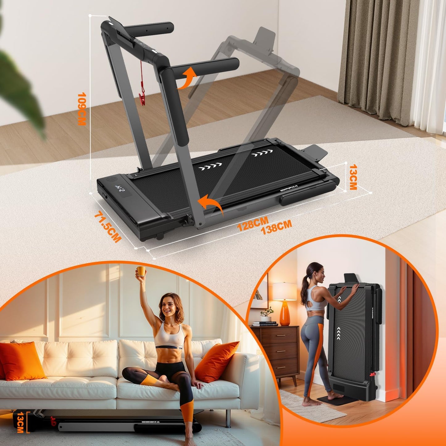 Foldable Treadmill for Home Walking Pad: 2 in 1 Walking Pad with Handle Bar & Bluetooth Speaker- Under Desk Treadmills with Dual LED Display and 12 preset Programs, APP Compatible