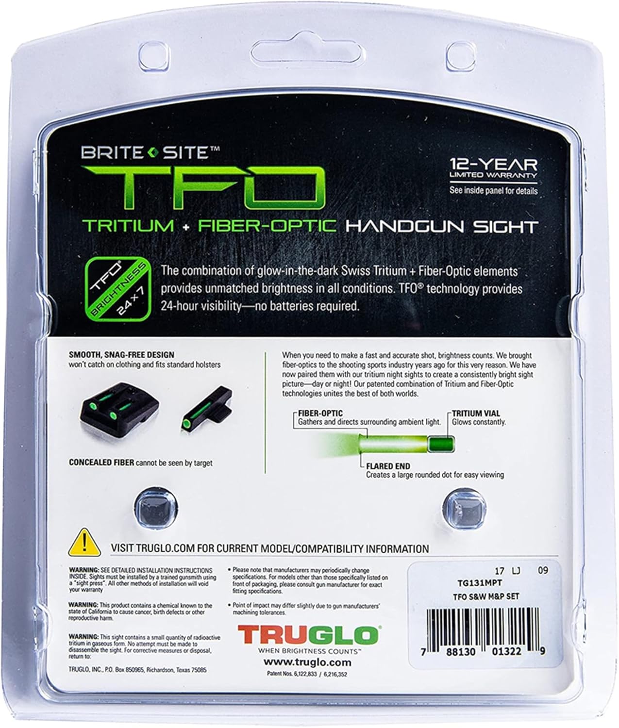 Truglo TFO Tritium & Fiber-Optic Handgun Sight Durable Snag-Resistant Glowing Front & Rear Night Sight, Compatible with Smith & Wesson M&P Series