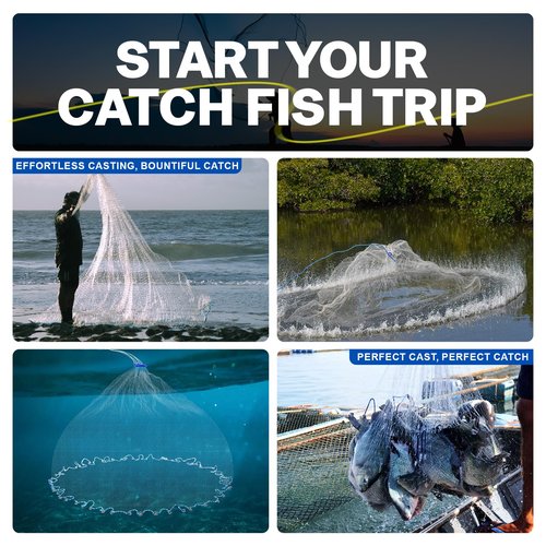 Goture American Fishing Cast Net Saltwater Freshwater,3/8in Mesh Size Casting Net for Bait Fish Shrimp Trap,Pure Lead Sinkers Dual Color Double Selvage,3ft-12ft Radius Throw Cast Net with Needle