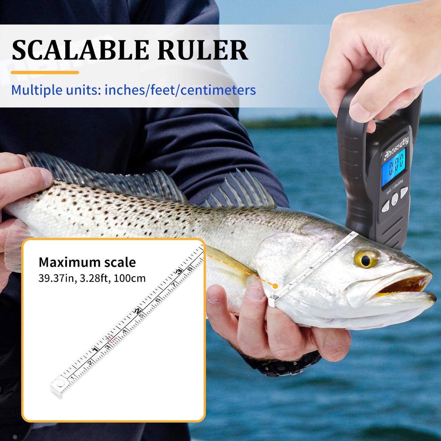 Fish Scale,110lb/50kg Large Handle,Large Backlit LCD Display,Digital Fish Scale with Built-in Measuring Tape, Outdoor Fishing Gifts for Men,Black