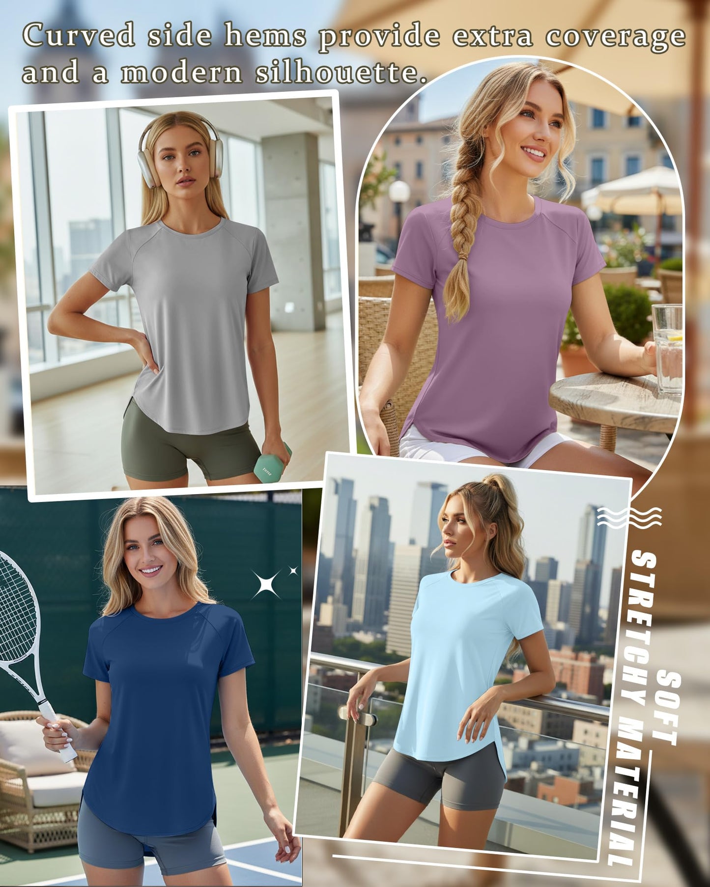 Yearntown 5 Pack Women's Workout Shirts Athletic Quick Dry Tops Exercise UPF 50+ Short Sleeve Gym Yoga Tees(Black, Denim Blue, Light Gray, Light Blue, Grayish Purple,X-Large)