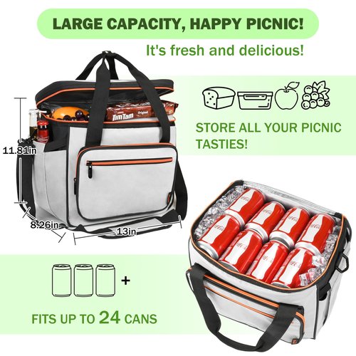 Tirrinia Insulated Cooler Bag-24 Cans Portable Collapsible Soft Sided Ice Chest, Leak-Proof with Zipper Cooler Box for Beach, Drink, Travel, Camping, Picnic