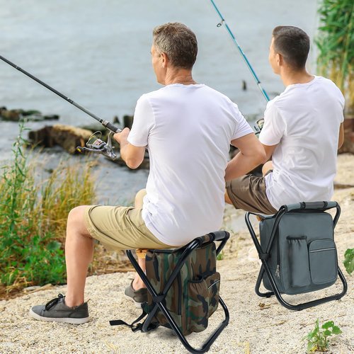 Outplea Lightweight Folding Backpack Stool with Cooler, Beach Fishing Cooler Chairs Backpack for Adults, Gray