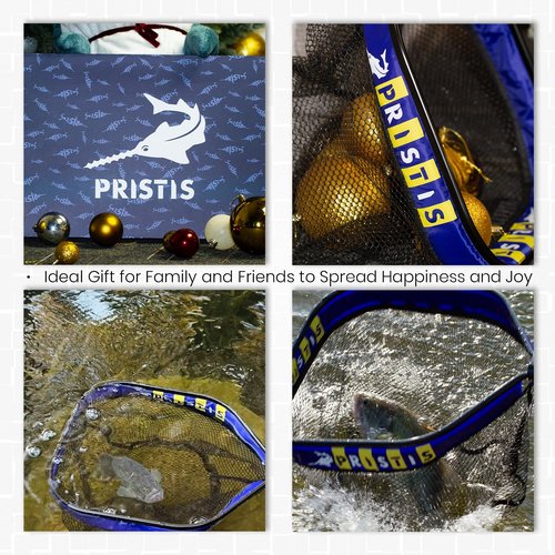 Pristis 12'' Depth Floating Lightweight Fishing Net with Telescopic Pole Handle, 39'' Foldable Extendable Rubber Coat Folding Landing Dip Net for Boat Kayak Fish Catch Release Freshwater Saltwater