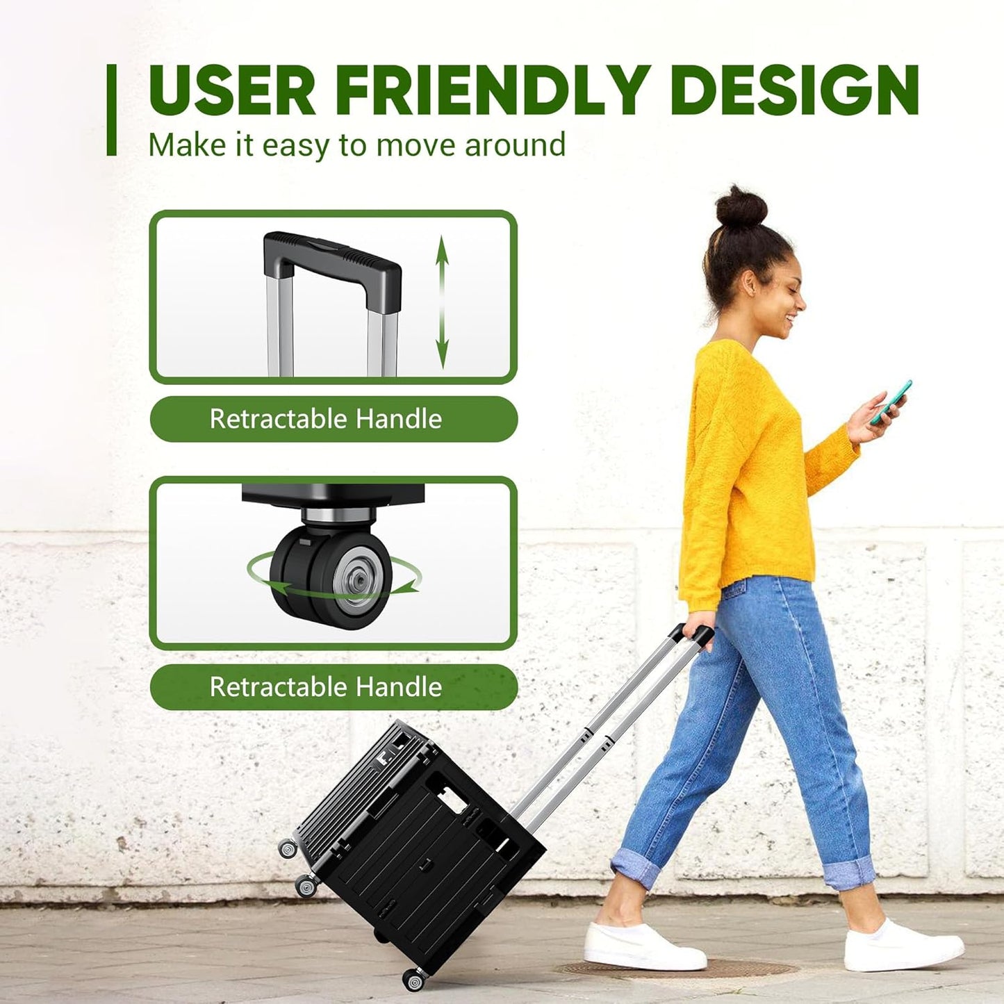 Folding Utility Cart with Lid, Portable Rolling Crate Handcart Collapsible Shopping Trolley, Durable Plastic Foldable Tool Basket with 4 Rotate Wheels for Grocery, Office, Luggage, School - White