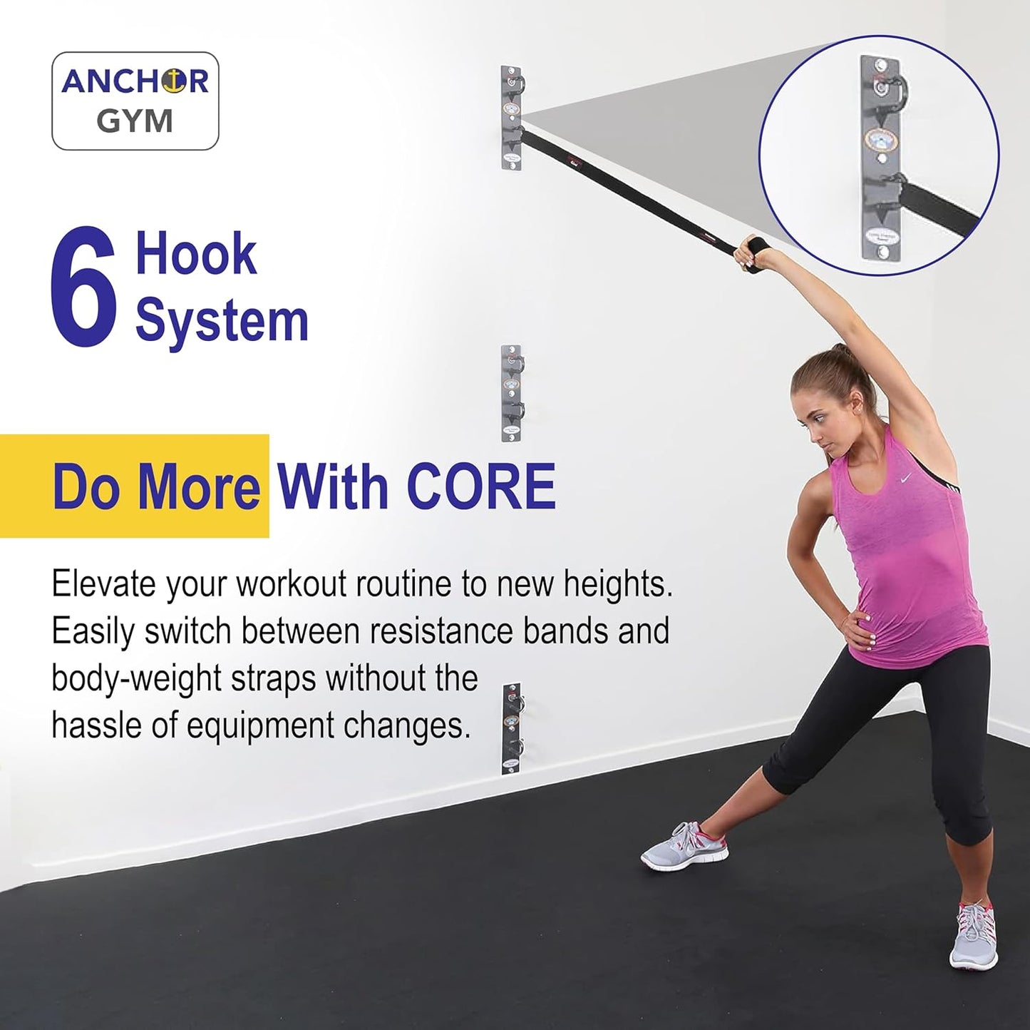 Anchor Gym Core Station - Wall Mount Workout Anchors for Resistance Band, Three Units with Two Hooks for Exercise Bands, Body Weight Straps, Strength Training - (Wood Mounting Screws Included)