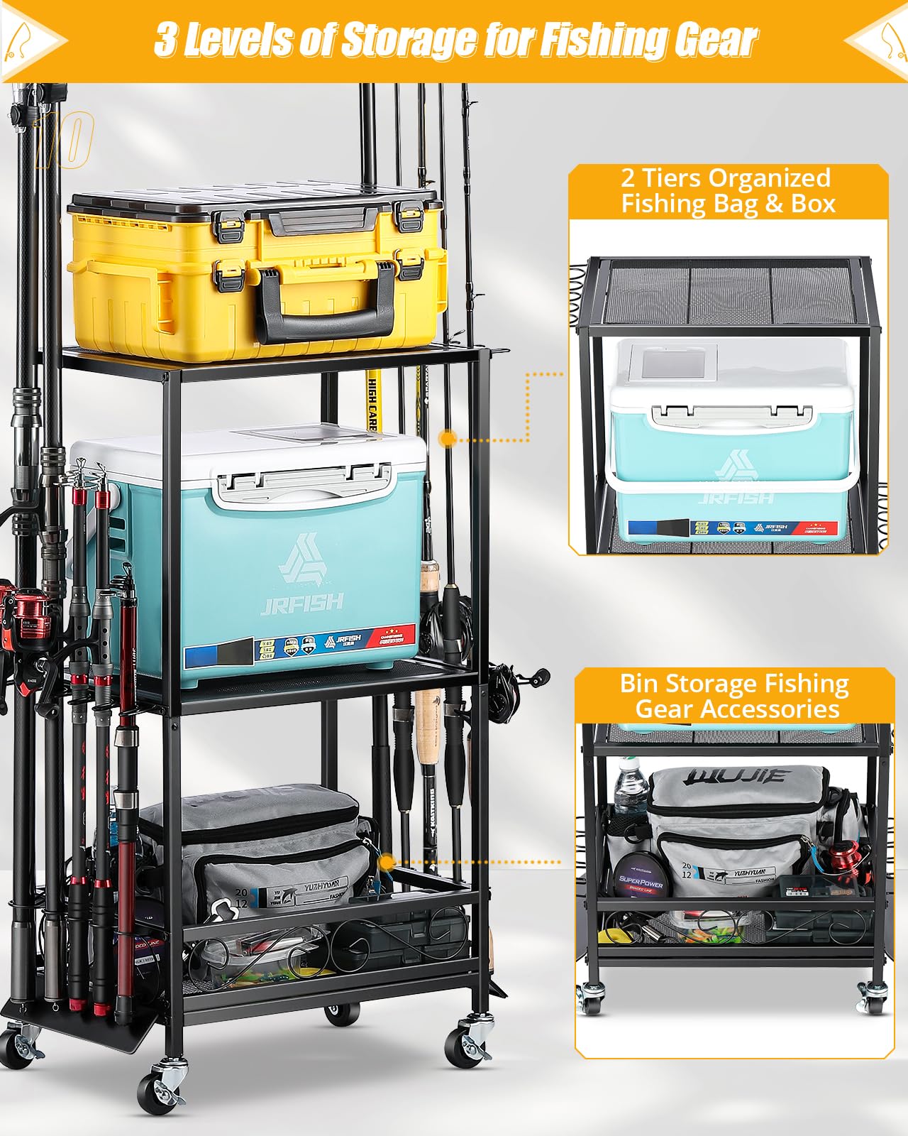 EXTCCT Fishing Rod Holder - Fishing Pole Rack for 10 Rods - Adjustable Height Fishing Gear Equipment Organizer Storage Solution for Garage Basement or Indoor