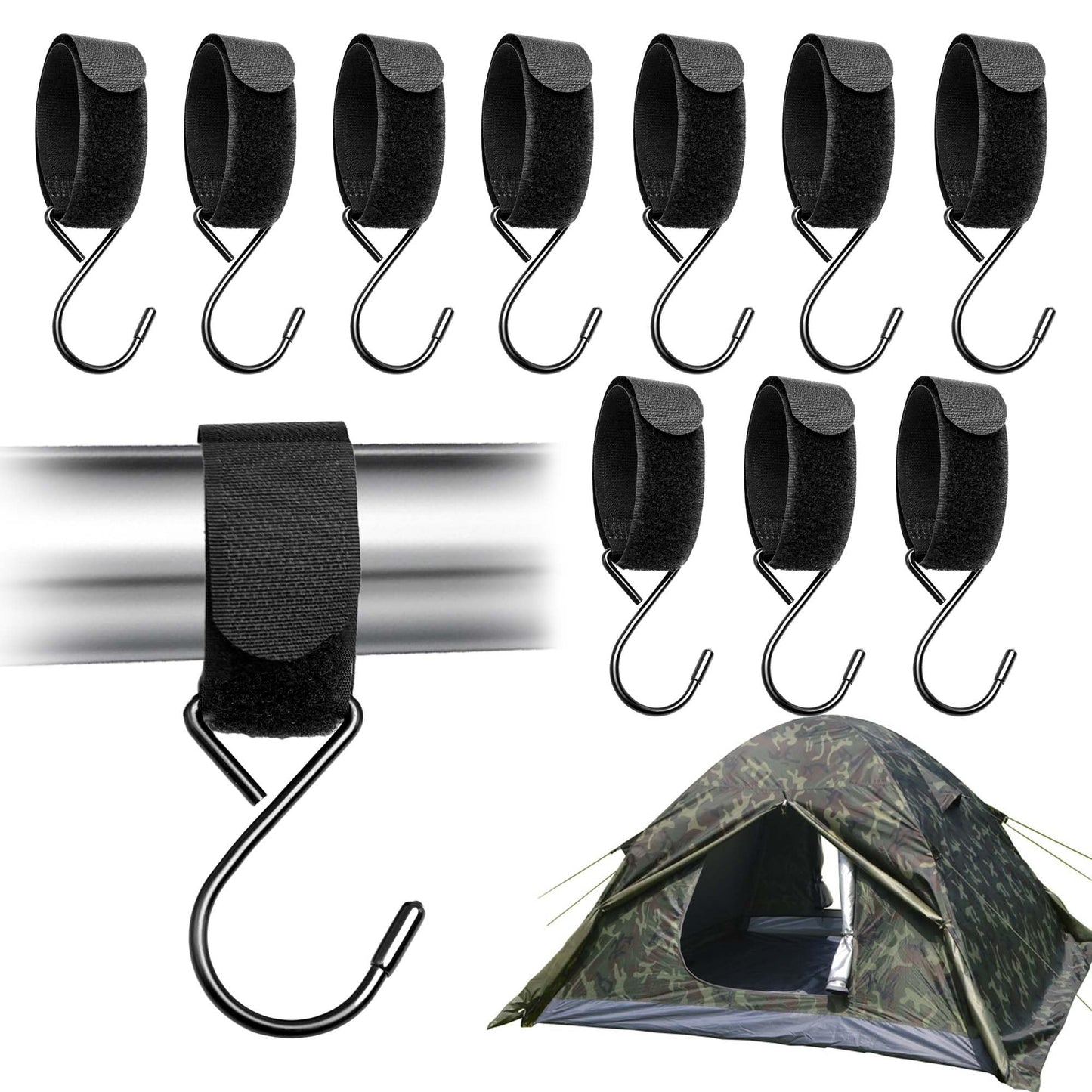 HZCGJMY 10Pcs Outdoor Hunting Tent Hanging Hooks Black Hunting Shelter Hooks Multi Functional Metal Hooks with Straps Adjustable Velcro Hooks for Outdoor Hunting Camping Hiking Ice Fishing