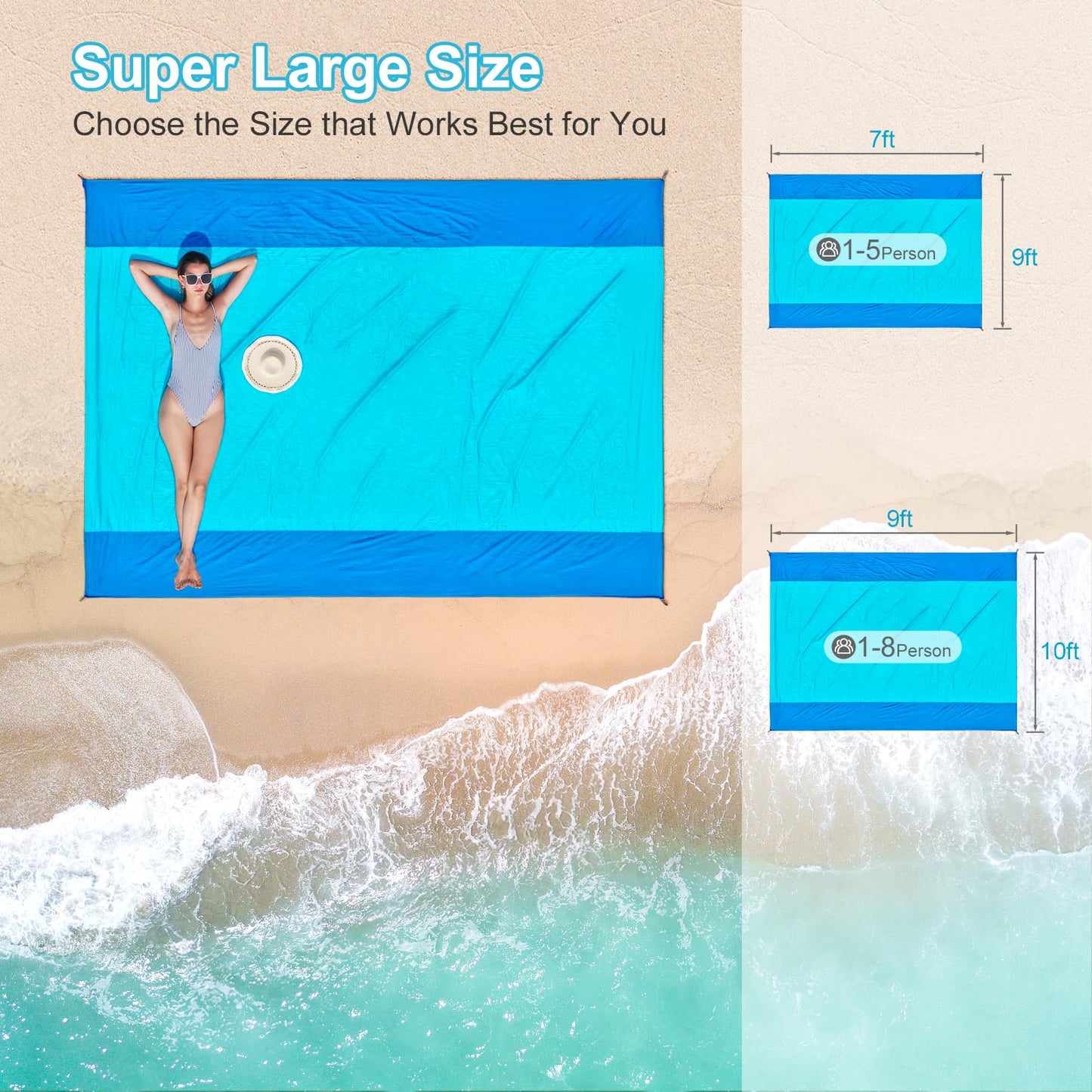 ISOPHO Beach Blanket Sand Proof, Ripstop Nylon Picnic Blankets, Extra Large Beach Mat Quick Drying, Lightweight & Durable, for Outdoor Activities, Travel, Beach Picnic, 106 x 83 Inches, Blue