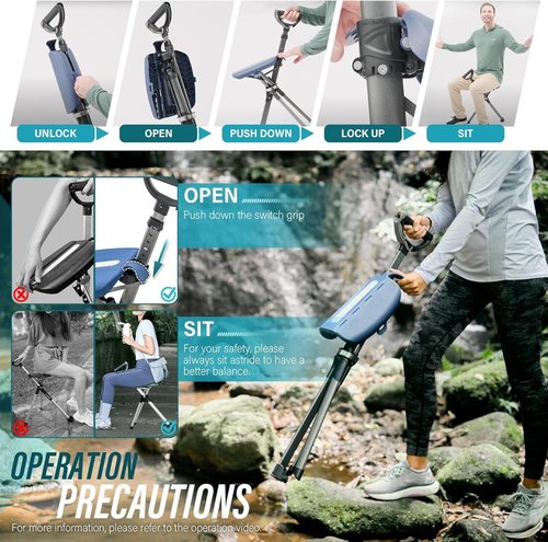 STEP2GOLD Ta-Da Chair Series 2 PRO, Portable Walking Stick, Cane with Seat, Foldable Chair, Hiking Stick, for Camping, Hiking, Lightweight Aluminum, Easy Carry, Anti-Slip (Black)