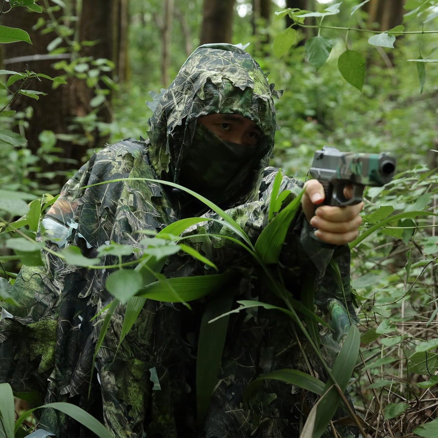 Zicac Outdoor Ghillie Suit 3d Leafy Camo Poncho for Men Hunting Bird Watch Military CS Woodland Hoodie Camouflage Cloak