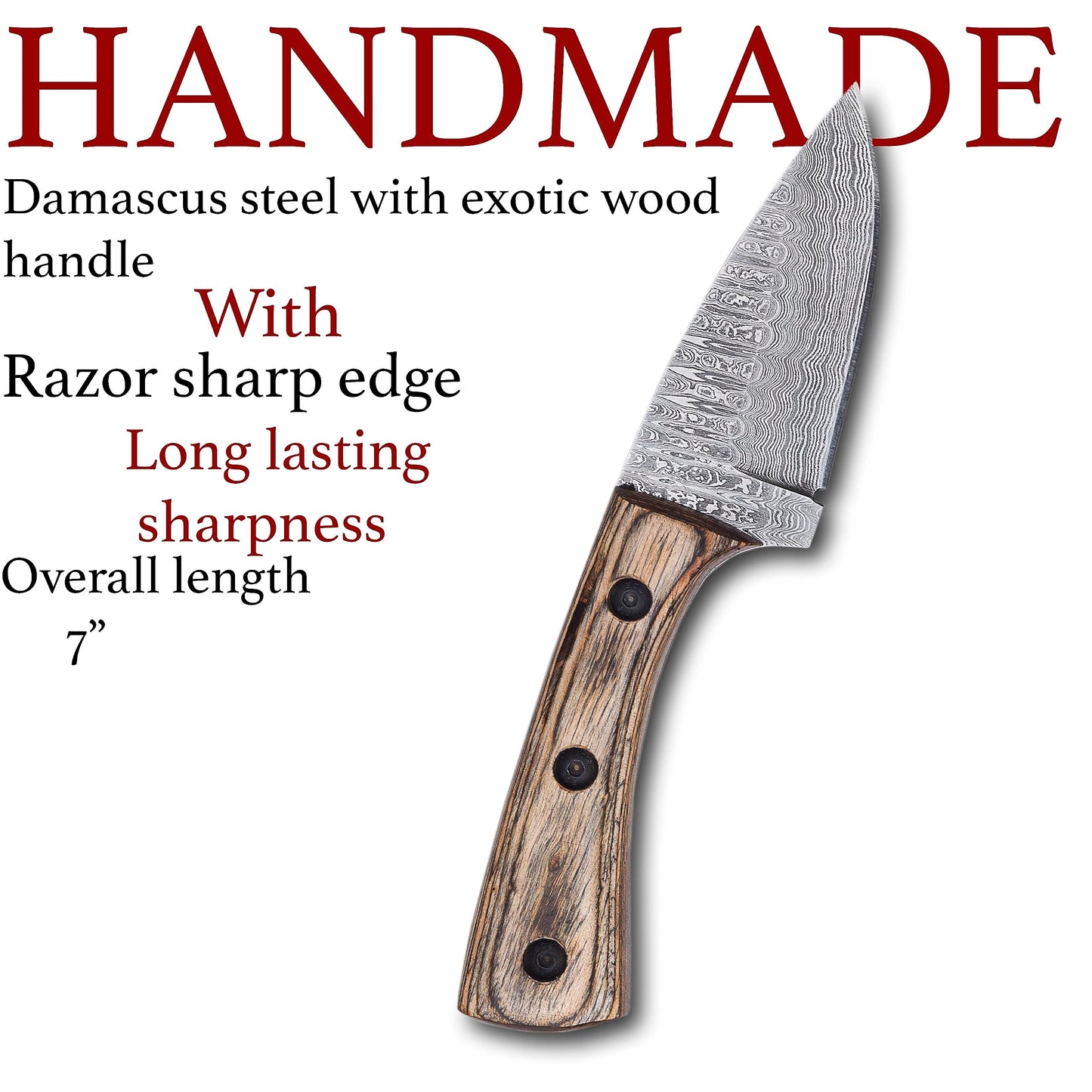 Elegance Unsheathed- 7” Damascus Steel fixed blade knife, Unparalleled Craftsmanship with Exquisite Pakkawood Handle & Leather Sheath hunting knife, Your Unfailing Companion in Wilderness Adventures