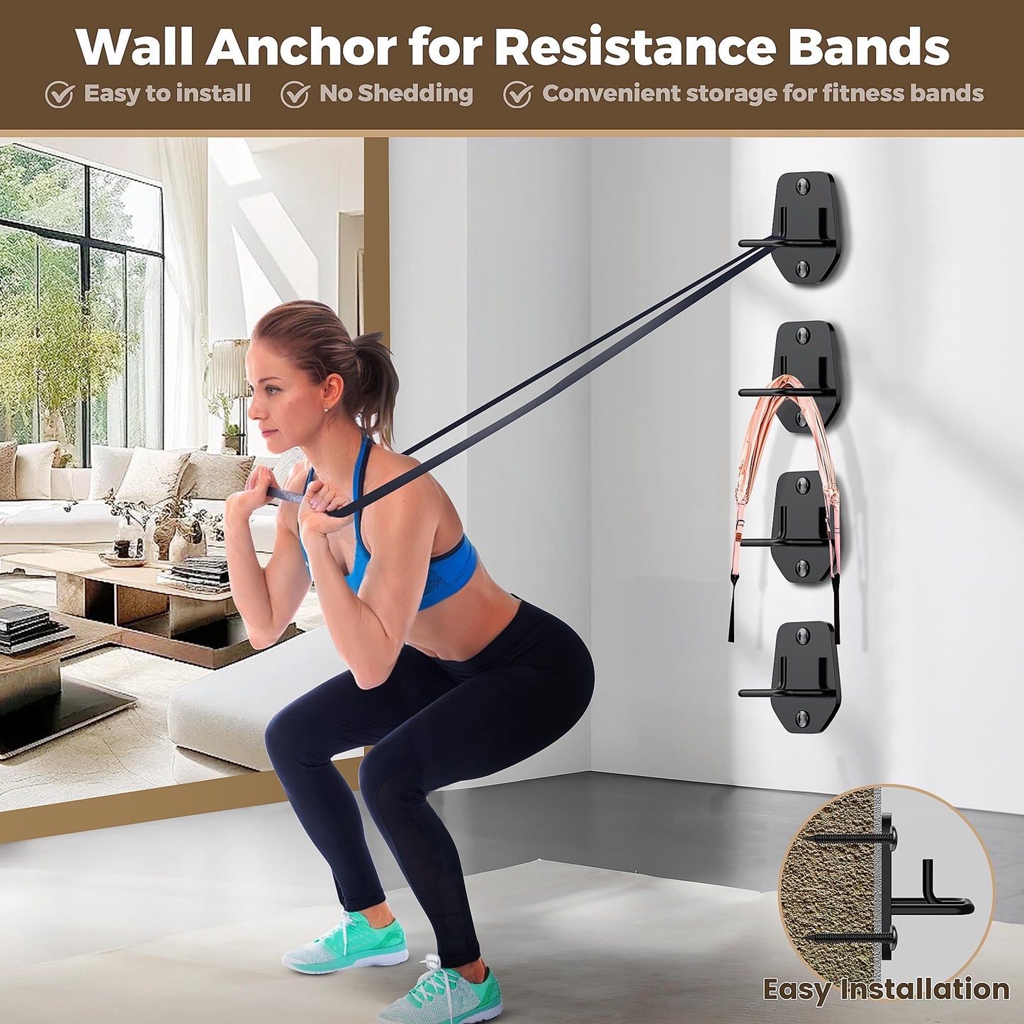 4 Pcs Resistance Band Anchors - Space-Saving Wall Mount Workout Anchors for Exercise Bands - Upgrade Home Gym Wall Hooks for Strength Training, Fitness, Physical Therapy