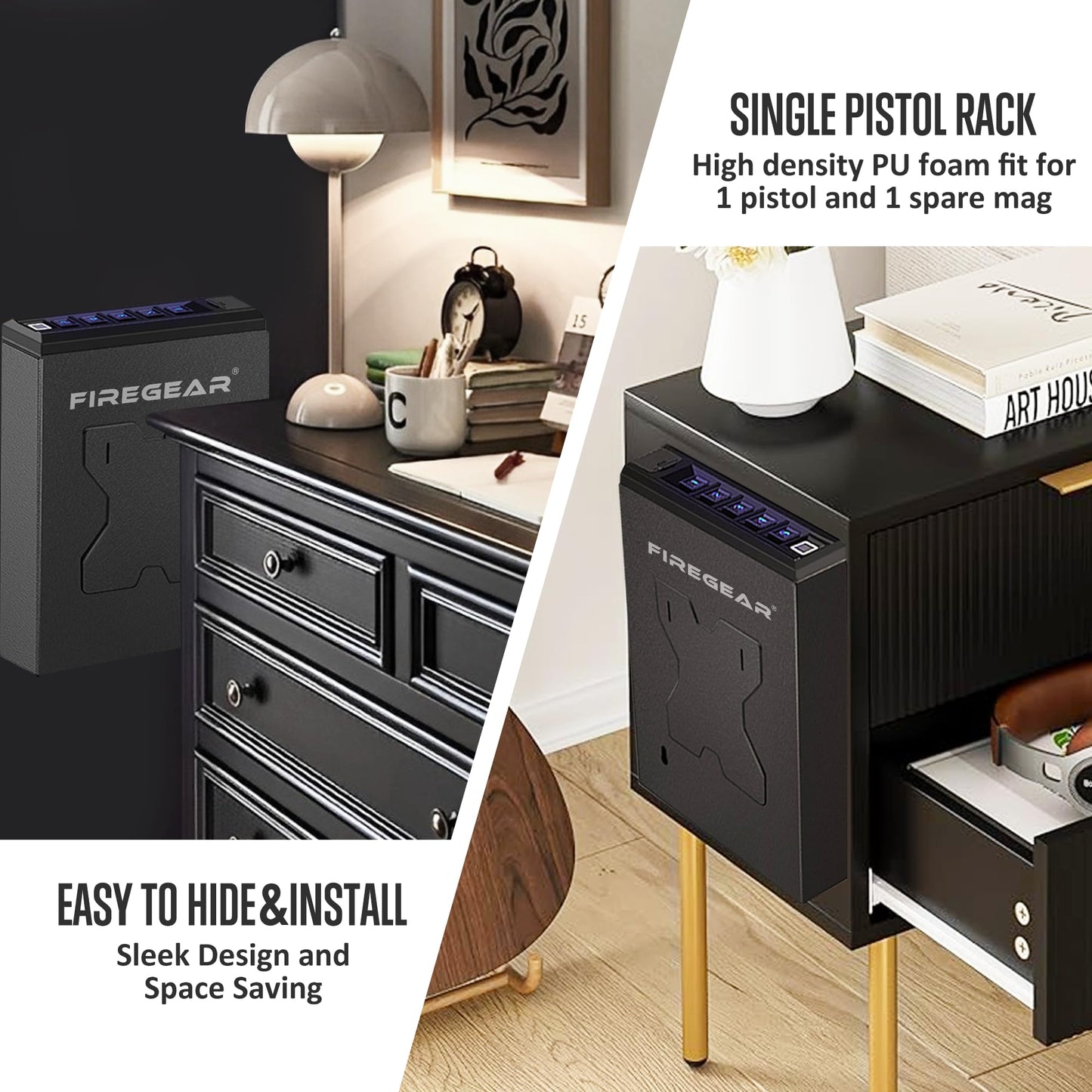 FIREGEAR Carbon Steel Gun Safe with Upgraded Biometric Sensor Unlocks in 0.5s, Stores 20 Fingerprints for Multi-User Access, Childproof Design - Bedside Storage, Nightstand Safe, Compact - Black