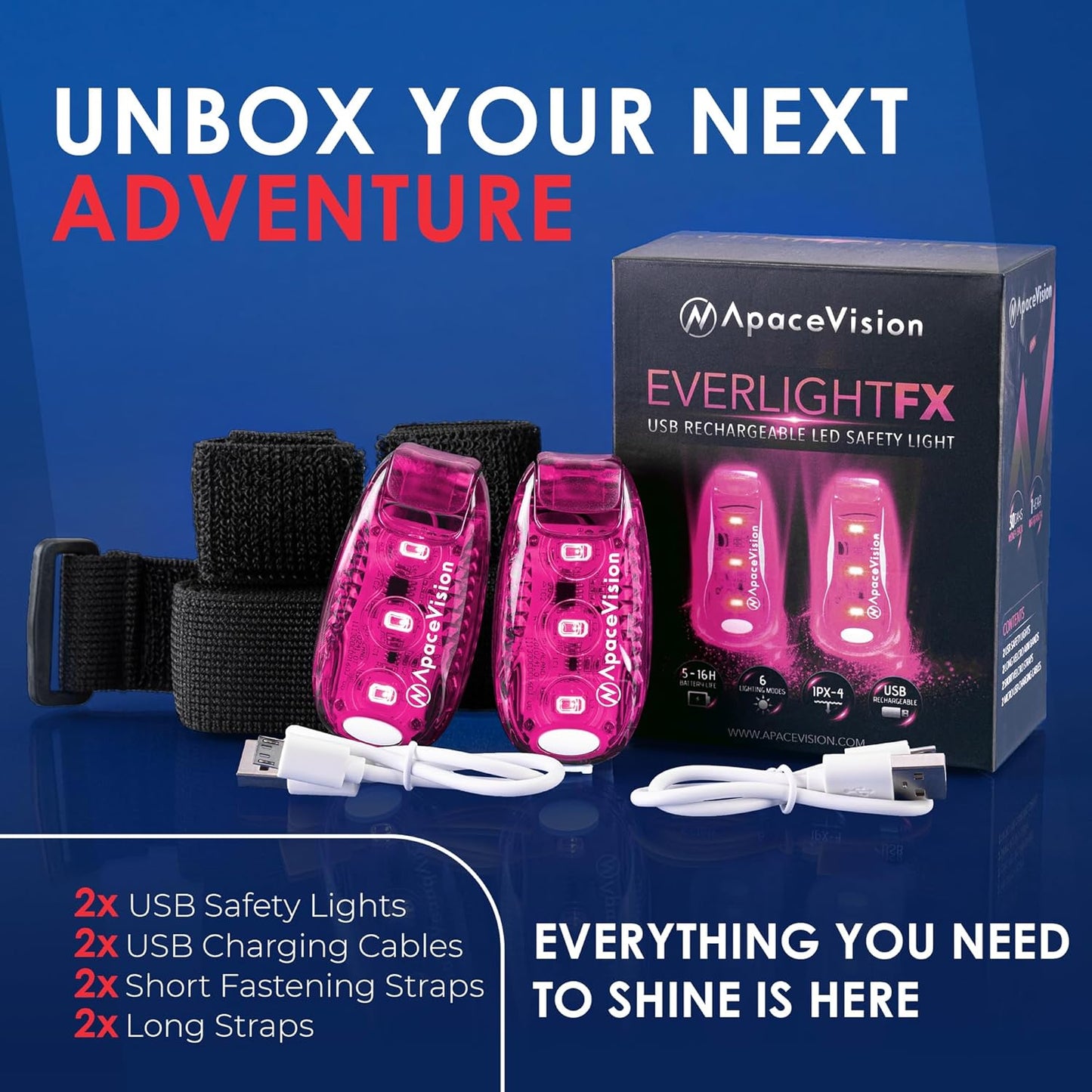 EverLightFX USB Rechargeable LED Safety Light (2 Pack) by Apace - Super Bright Bike Tail Light Works Brilliantly as Running Light for Joggers, Pets, Bicycle Strobe or Rear Clip On Lights