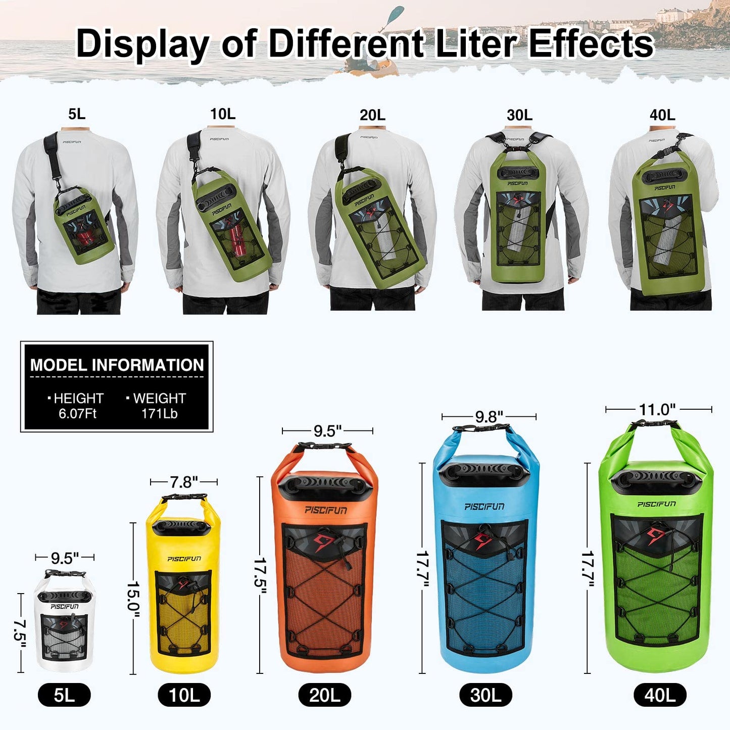 Piscifun Dry Bag, Waterproof Floating Backpack 10L with Waterproof Phone Case for Boating, Kayaking, Fishing, Orange 10L