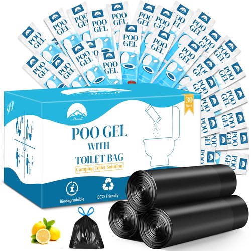 Portable Toilet Bags Poo Gel Set, 30 Count 10 Gal Camping Toilet bags with drawstring and 30 Pack 0.53 Oz each Pee Powder for Portable Camping Toilet fit for Traveling, Emergency, Outdoor Activities