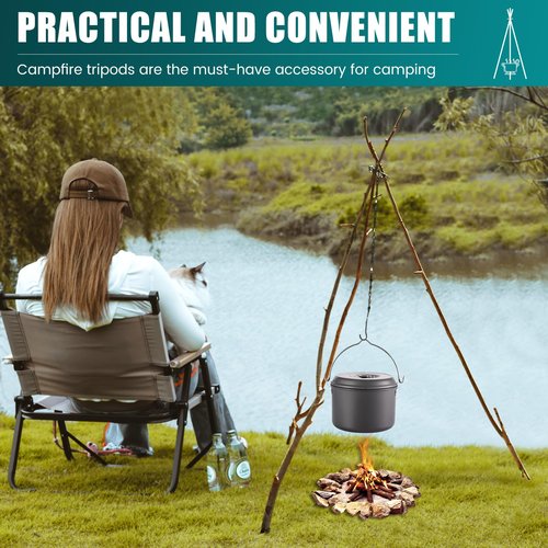 Camping Tripod Board-camping essentials、Turn Branches into Campfire Tripod ，fire pit grill，with Adjustable Chain for Hanging Cookware,Portable Camping Gear