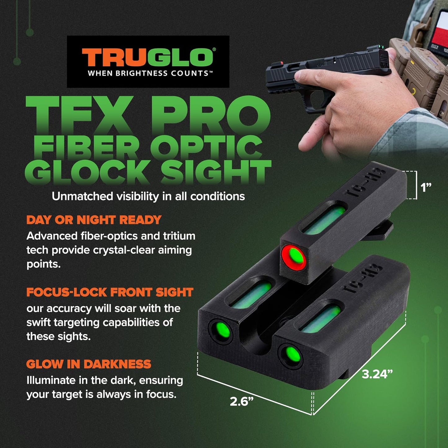 Truglo TFX PRO Night Sight for Handguns - Glowing Tritium & Fiber Optic, Compact & Durable