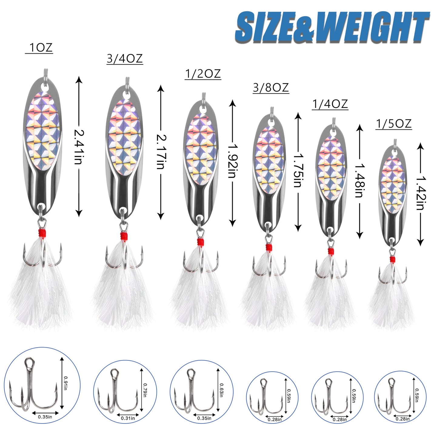 5 Pcs Fishing Spoon Lures Kit - Casting Master Spoon Metal Jig Trout Lures for Saltwater Freshwater, Reflective Spoons Bait with Treble Hooks Fishing Tackle 1/5 OZ - 1 OZ (1 OZ)