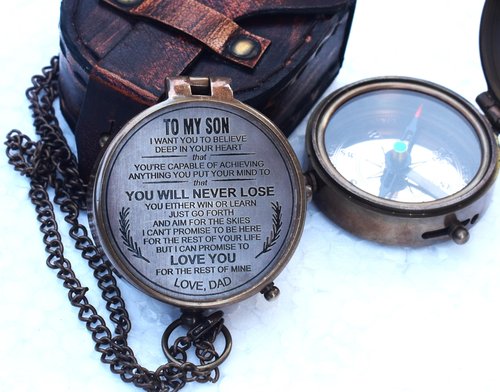 Engraved Brass Compass Gift for Son from Dad – 2" Vintage Pocket Compass with Case | Inspirational Father to Son Gift for Graduation, Birthday, Baptism & Confirmation