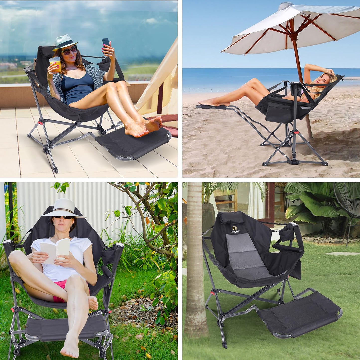 Nice C Hammock Camping Chair, Camping Chair Rocker, Swinging Chair, High Back with Stand, Cup Holder, Side Pocket, Heavy Duty (1, Black w/footrest)