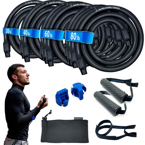 The PowerCube Resistance Band Set & Gym Equipment System – An American Invention - Multi-Level Elastic Bands for Exercise Training - Heavy Duty Fitness Workout Tubes - Adjustable 80lb Tension with Anchor - 4' Deluxe Kit