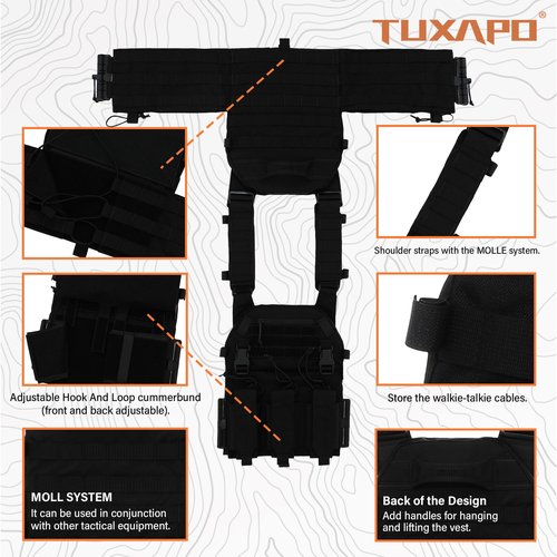 Tuxapo Tactical Molle Vests with Triple mag Pouch and Side Cummerbund Pouches, Quick Release Vests for Men