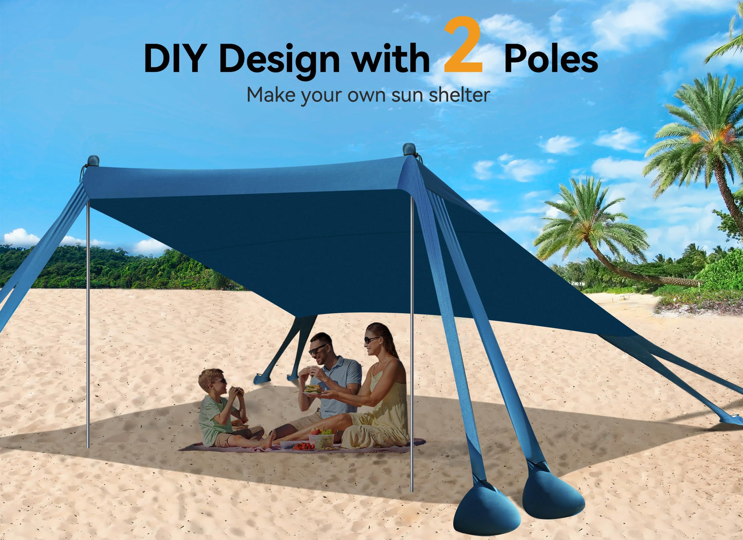 Vibemo Beach Tent, Beach Canopy Sun Shade with UPF50+ UV Protection, 10x10ft, Includes 8 Sandbags, Sand Shovel, Ground Pegs & 4 Stability Poles, Pop Up Sun Shelter for Camping, Picnics, Backyard Fun