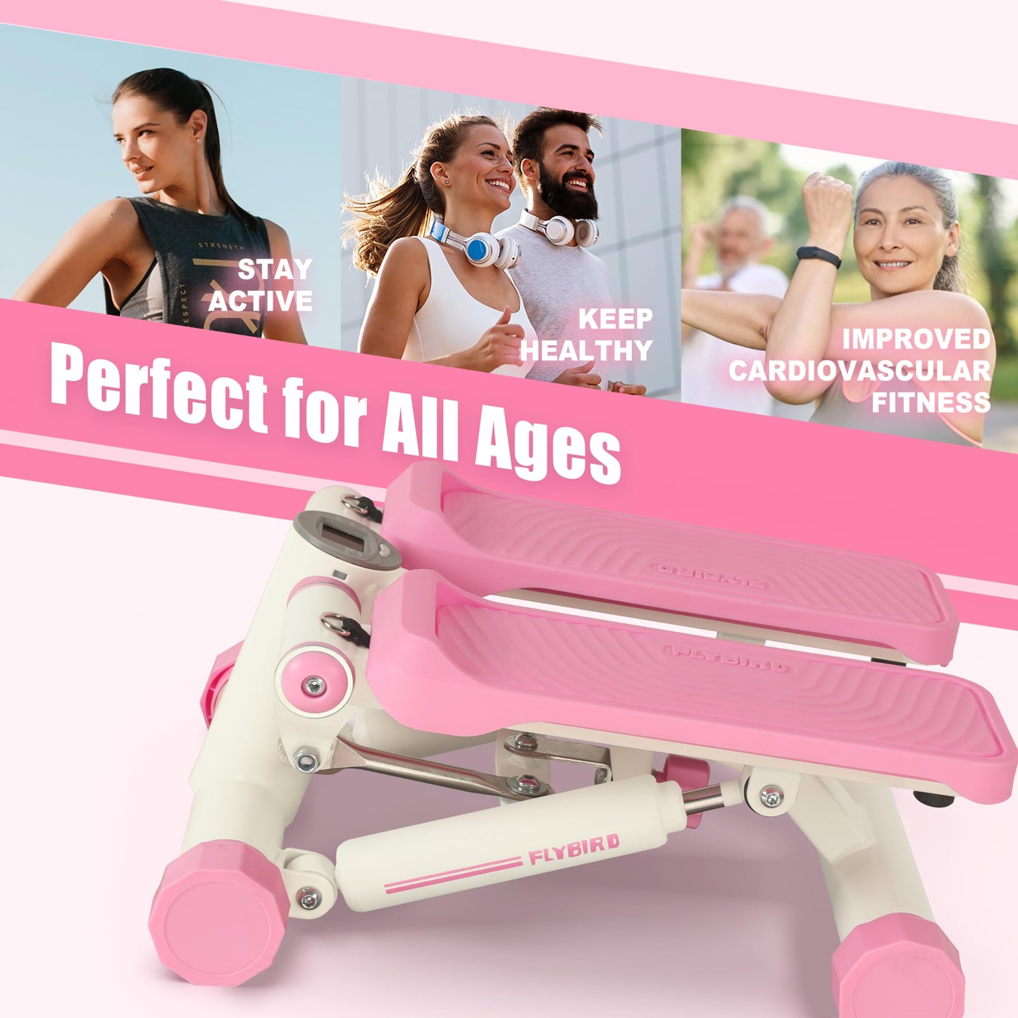 FLYBIRD Stepper for Exercise, Stair Stepper with Resistance Bands, Portable Mini Stepper with 330LB Loading Capacity, Adjustable Stride Height for Low-Impact Cardio Suitable for Full Body Workout