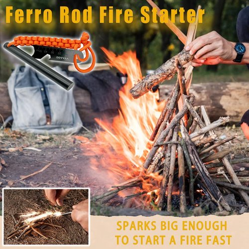 VVAAGG 4 Inch Large Ferro Rod Fire Starter, Survival Flint Fire Starter Kit with Orange Paracord Landyard Handle and Striker (Orange)