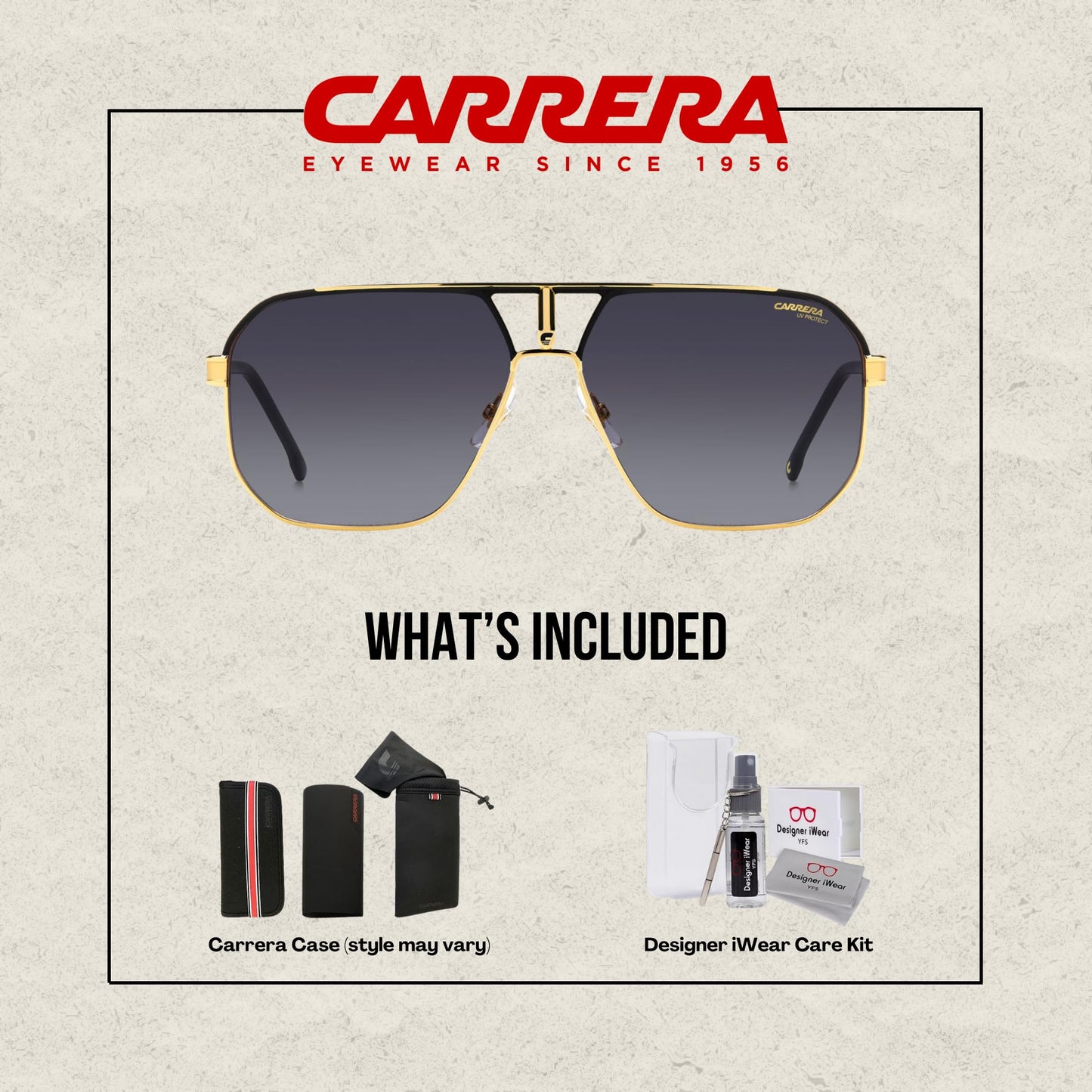 Carrera CA1062/S SAO 62MM Matte Black-Gold / 90 Dark Grey Shaded Square Sunglasses for Men + BUNDLE With Designer iWear Complimentary Eyewear Kit
