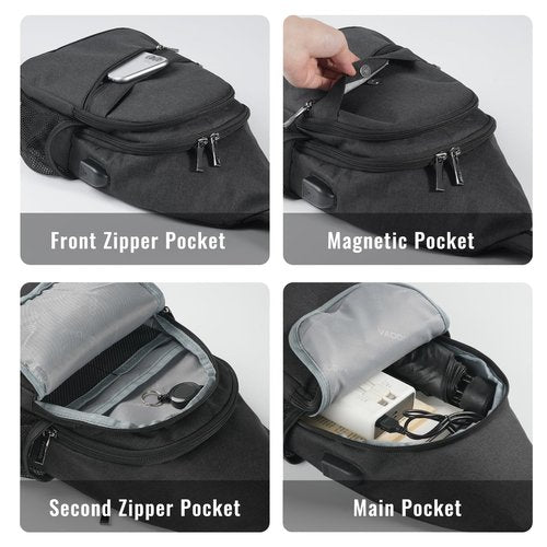 VADOO Sling Backpack with RFID Blocking and USB Charging Port & Detachable Phone Pouch for Men Women Crossbody Bag for Travel