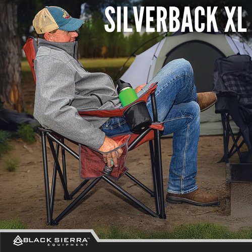 Black Sierra Oversize XL Camping Chair Supports 500 lbs, Padded Folding Outdoor Chair w/ 2 Cupholders and Carrybag, Heavy Duty Portable Collapsible Camp Chair Perfect for Sports, RV, Lawn, Beach