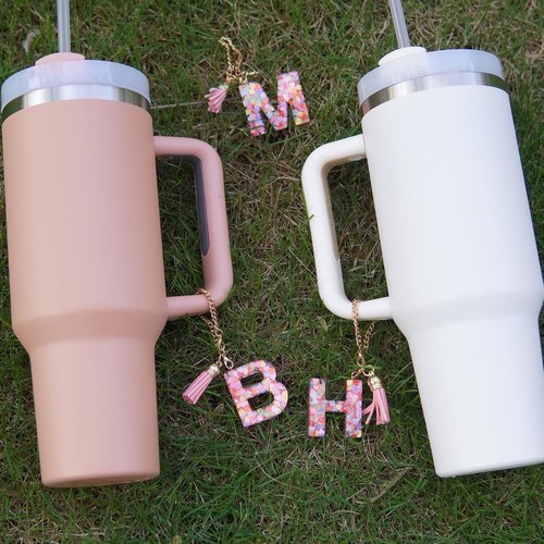 Eoopoon Letter Charm Accessories for Stanley Cup, Water Bottle Chain with Letter, Tassel Charm Compatible with 40oz Stanley Cup, Pink Cute Initial Keychain Handle Charm for Stanley Decor(Letter A)