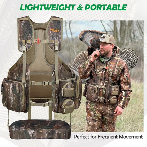 NEW VIEW Turkey Vest with Seat, Adjustable Comfortable Turkey Hunting Vest, Removable Cushion, Game Bag, 20 Pockets, for Turkey Hunters