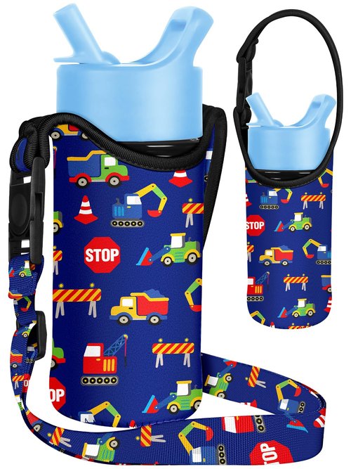 Miss Adola Water Bottle Carrier with Strap - Handheld Kids Water Bottle Holder for 10-16 oz Cute Cartoon Design Neoprene Crossbody Bottle Sling Bag for Boys for Insulated Drink Bottle, Excavator Car