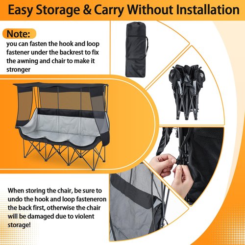Teenyyou Oversized 3 Person Camping Chair with Canopy Shade Fully Padded Folding Camping Beach Lawn Chair for Summer Fall Outdoor Activities, Sturdy Loveseat with Cup Holder and Carry Bag(Black)