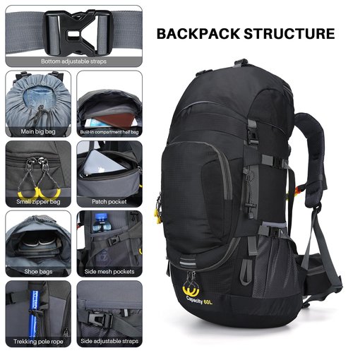 ShowyLive 60L Hiking Backpack for Men/Women - Lightweight Waterproof Travel Backpack with Rain Cover, Multi-Compartments, Adjustable Straps - Large Camping Bag for Outdoor Adventures (Black)