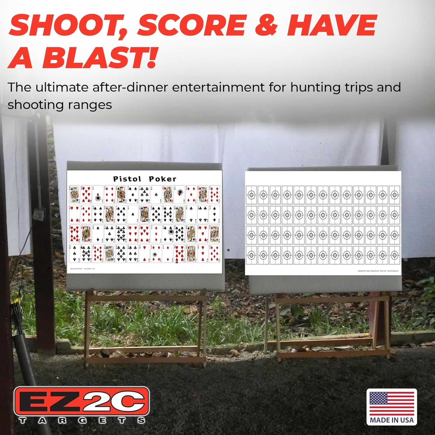 EZ2C paper targets for shooting, sheet of 52 random sorted playing cards range targets - bullseye shooting targets game on back side, both side gun target, 12"x18" (20 pack)