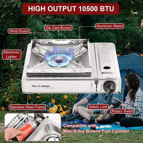 MOZODAWN Dual Fuel Camp Stove with Butane and Propane Compatibility, 10500 BTU Portable Camping Stove with Carrying Case, Storage Bag, Adapter Hose, Wind Guard, Outdoor Camping Essentials