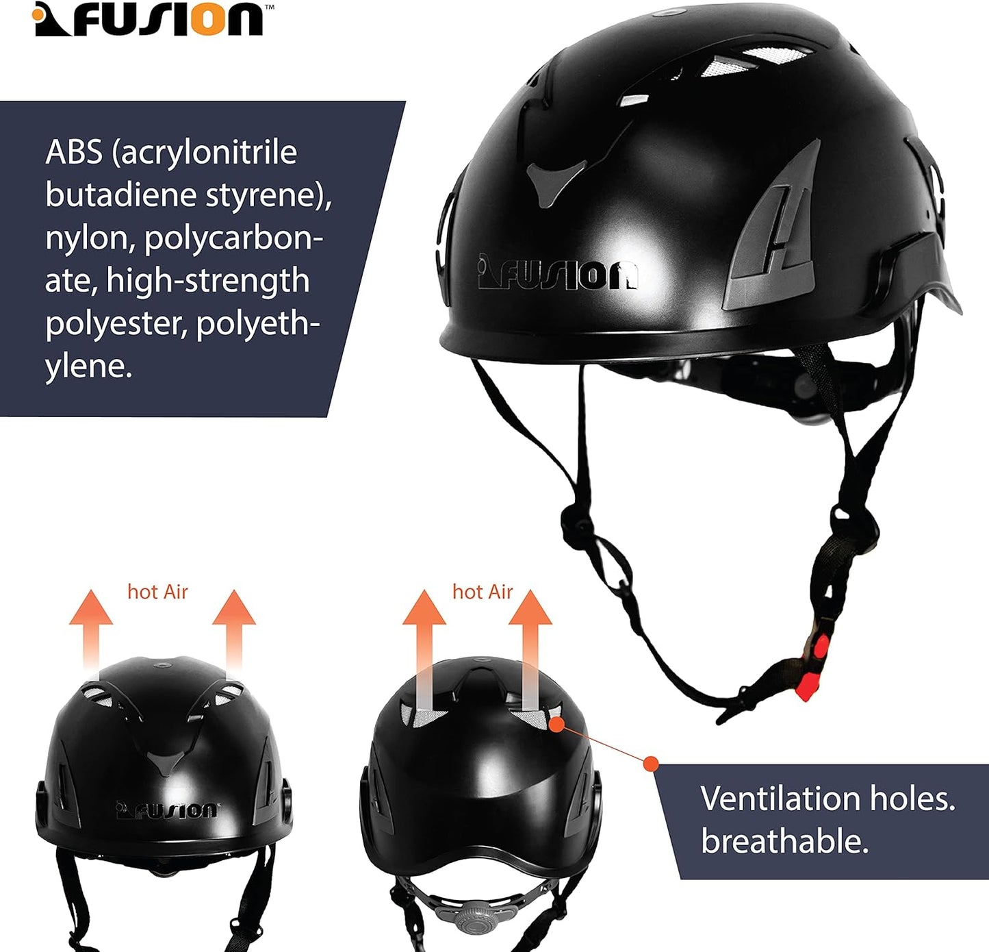 Fusion Climb Meka II Climbing and Zipline Safety Helmet - Black, 6.25-Inch H x 10.3-Inch L x 8.25-Inch W